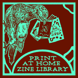 A brown and turquoise illustration of a pigeon holding zines in its beak.